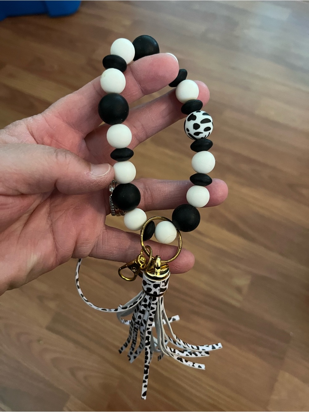 Black & White Beaded Wristlet Keychain with Tassel Accent